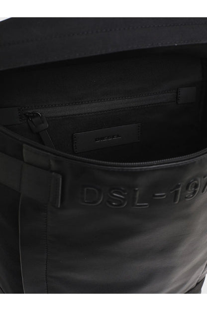 Black backpack interior view with zip pocket and logo patch