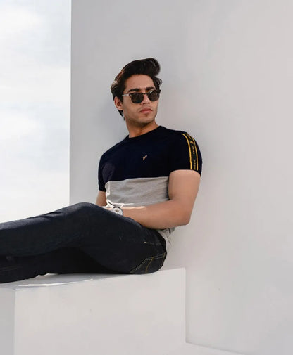 Fitted color-block T-shirt, navy top and heather gray mid panel with yellow sleeve detail