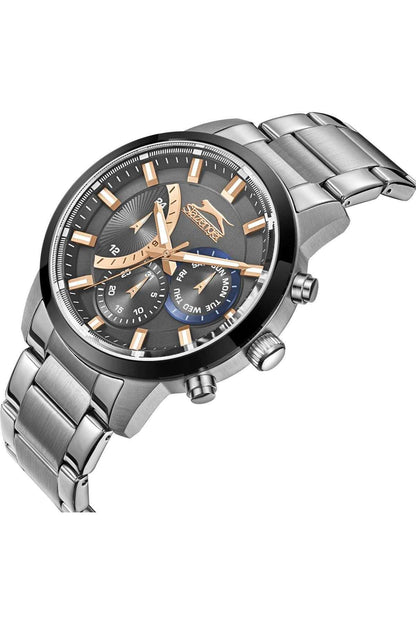 Silver metal wristwatch angled view, dark dial with orange hands and subdials