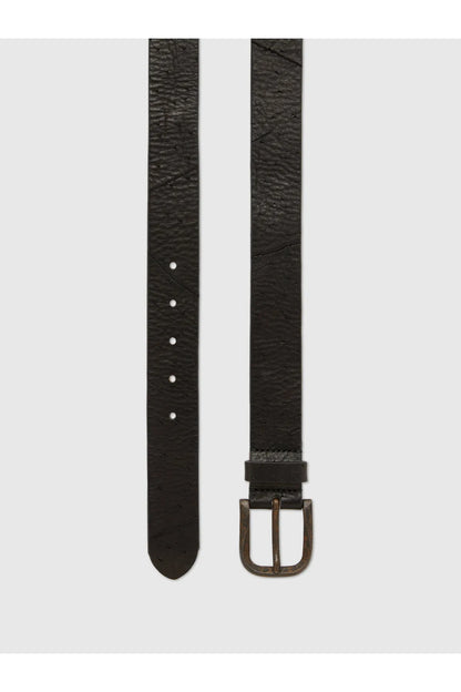 Black leather belt with multiple holes, rivets, and adjustable clasp