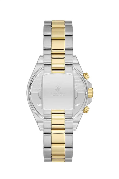 Two-tone silver and gold chronograph watch back view with metal bracelet
