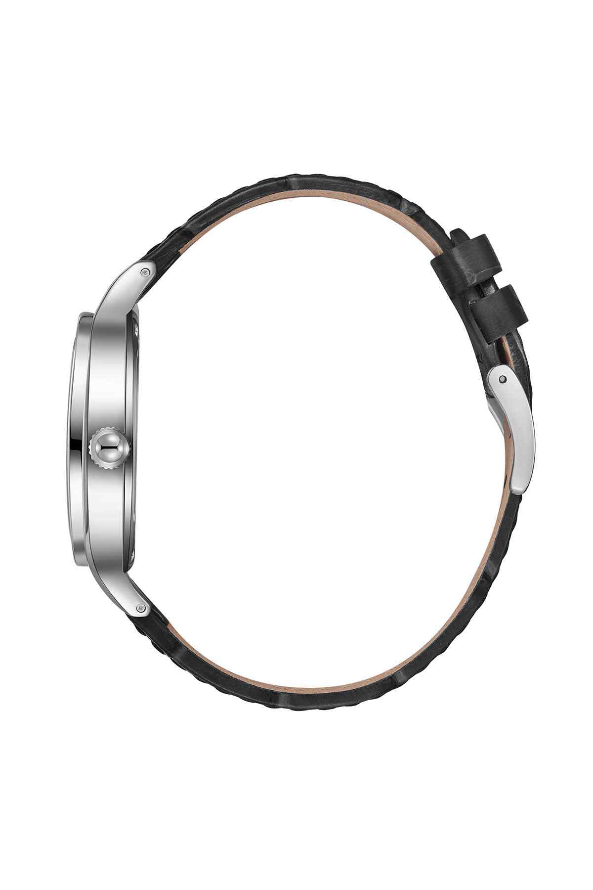 Square-faced wristwatch with black leather strap and silver metal case, side view