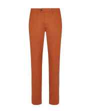 Orange straight-leg pants with front zipper and belt loops