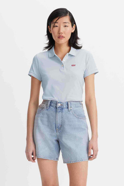 Levi's light blue polo shirt with logo, paired with light-wash denim shorts