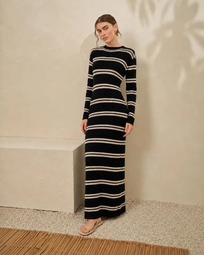 Black and cream striped knit maxi dress, long sleeves, crew neck