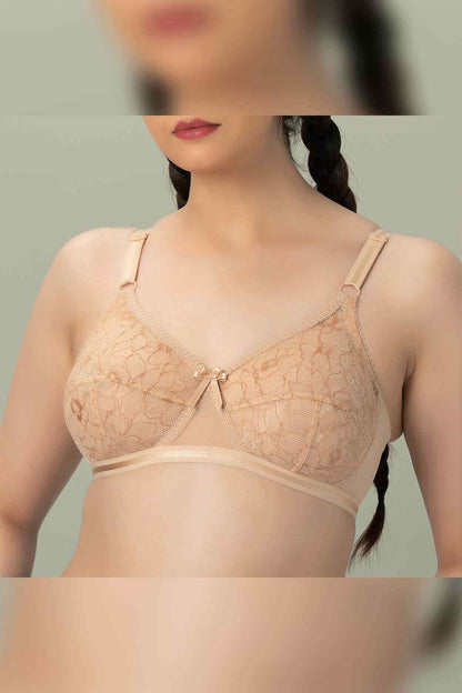 Beige lace balconette bra with adjustable straps and bow detail at center