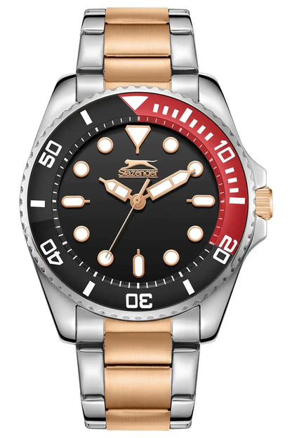 Silver and rose gold metal wristwatch with black dial, red bezel, and gold hour markers