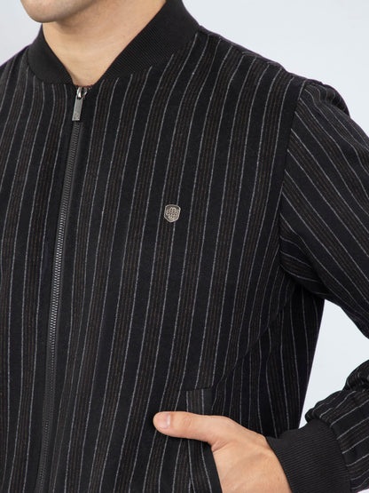 Brumano striped zip jacket with stand collar, chest badge, and ribbed cuffs