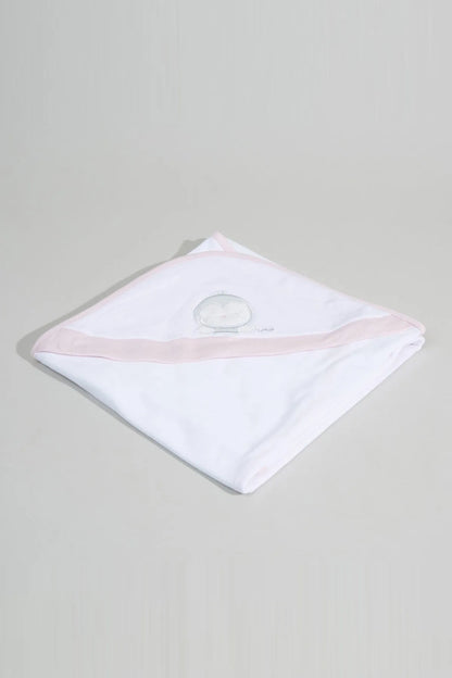 White baby hooded towel with pink trim and round applique