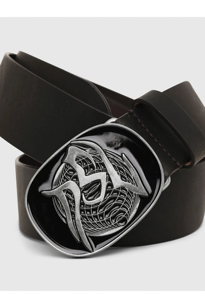 Dark leather belt with oval silver buckle showing detailed snake-and-fang engraving