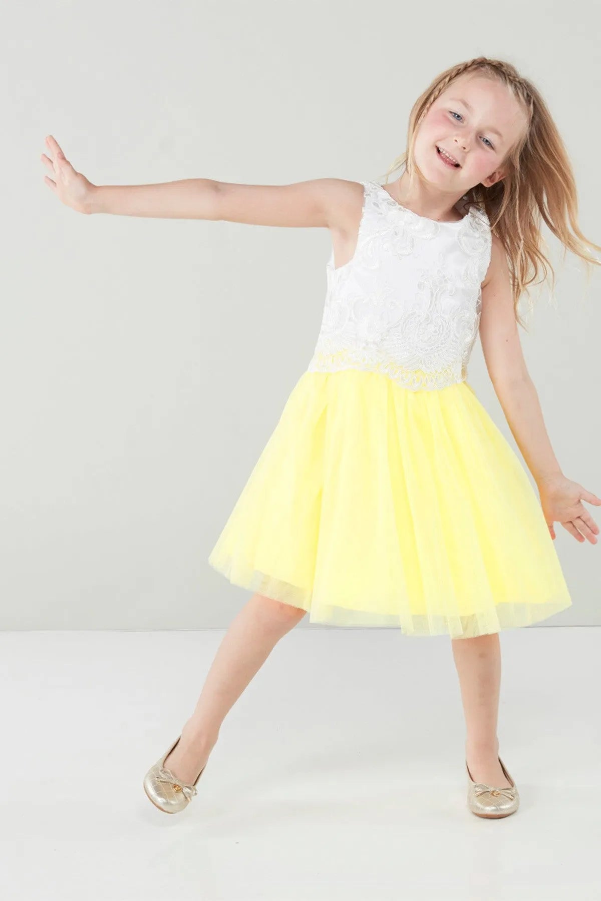 Babyshop yellow sleeveless dress, lace bodice and tulle skirt