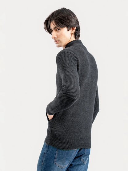 Charcoal knit zip cardigan sweater, side profile with ribbed sleeves