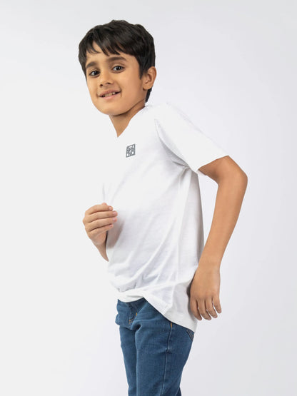 White cotton kids T-shirt on side view, small chest square logo