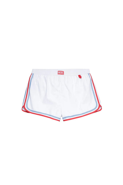 Men's white swim shorts with red/blue striped piping at hem
