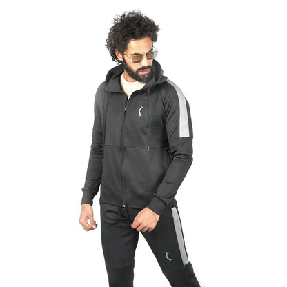 Men's black zip hoodie and track pants set, gray side panels, hooded jacket, crescent logo