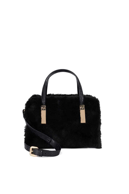 Dune London black faux-fur tote with top handles and crossbody strap, front view