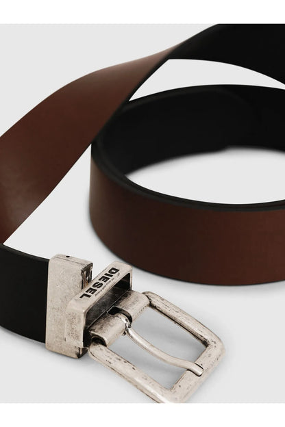 Brown leather belt with silver buckle and DIESEL logo on strap tab