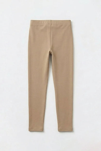 Beige slim-fit ankle pants with front seam and elastic waistband