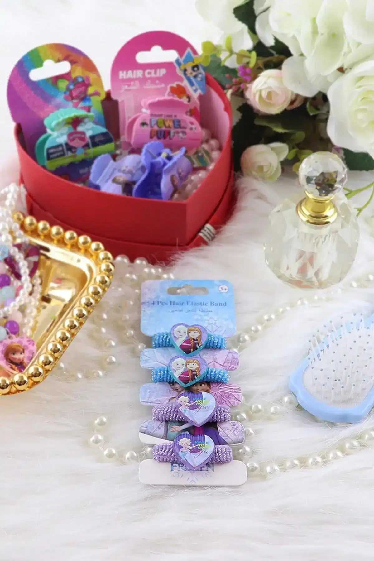 Disney Frozen hair elastic bands with heart charm, blue and purple bows