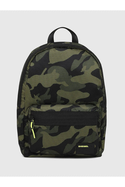 Diesel green camo mini backpack with top handle and front zip pocket