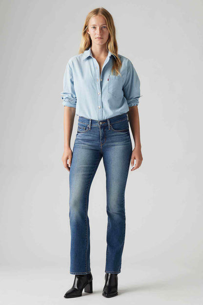 Levi's medium indigo jeans with five-pocket design, straight fit, and belt loops