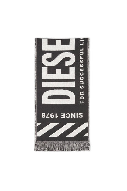 Diesel black and white logo scarf with fringe edges
