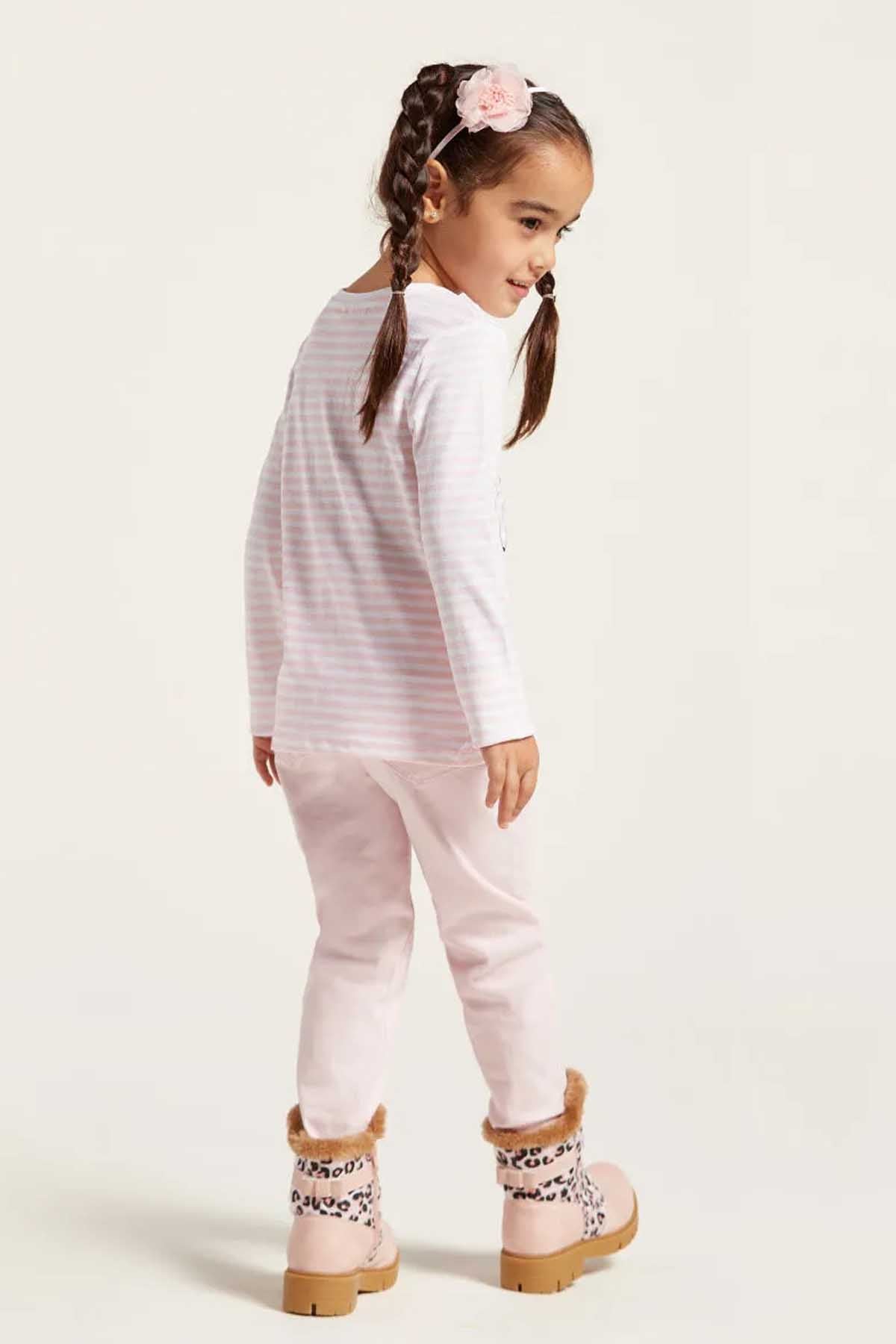 Kids' striped long-sleeve top and light pink pants, cat print; pink hair bow