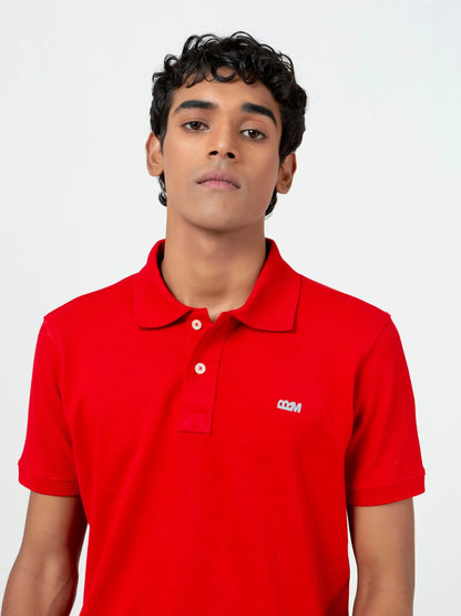 Red cotton polo shirt, front view with collar and chest logo