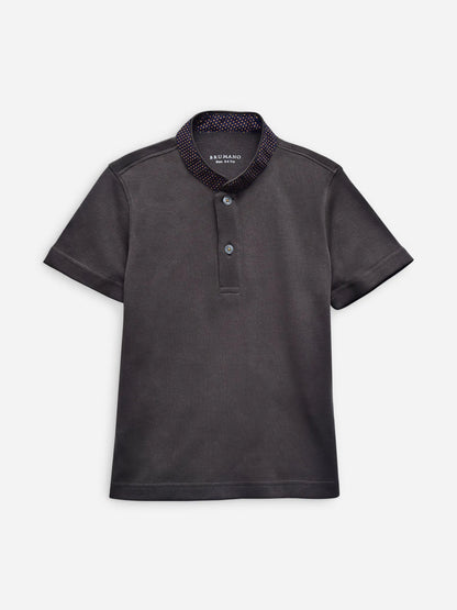 Dark charcoal short-sleeve polo shirt with button placket