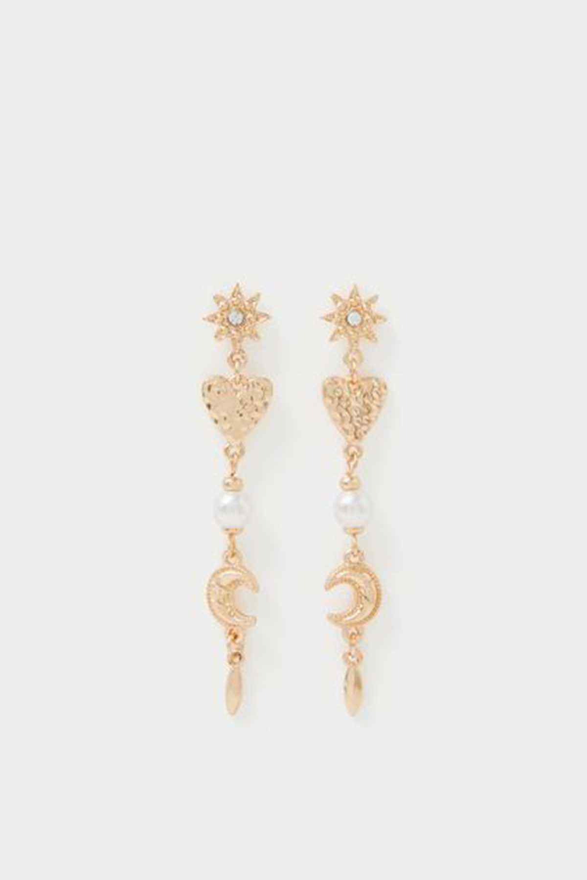 Gold drop earrings with star studs, heart motif, and pearl pendants