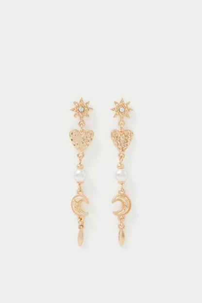 Gold drop earrings with star studs, heart motif, and pearl pendants