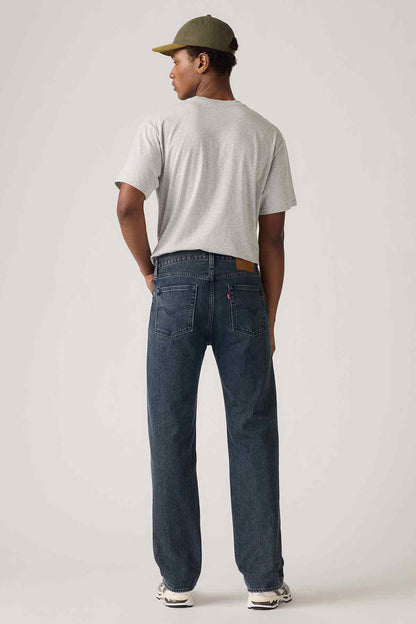 Levi's blue jeans back view with rear pockets and yoke, straight-leg fit