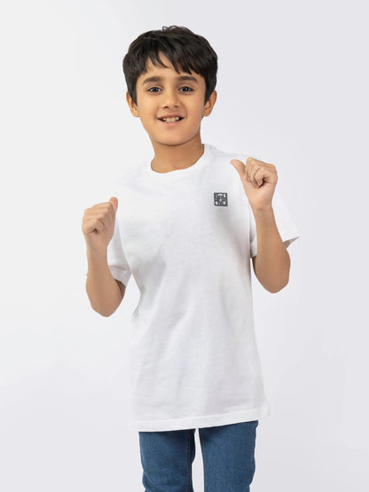 White cotton kids T-shirt, front view with small chest square logo
