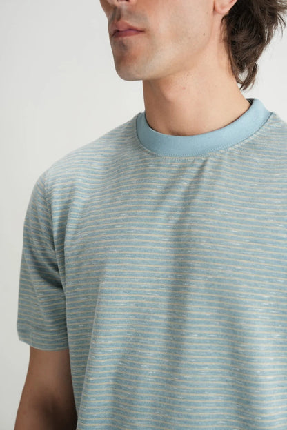 Light blue striped crewneck T-shirt with ribbed collar and short sleeves