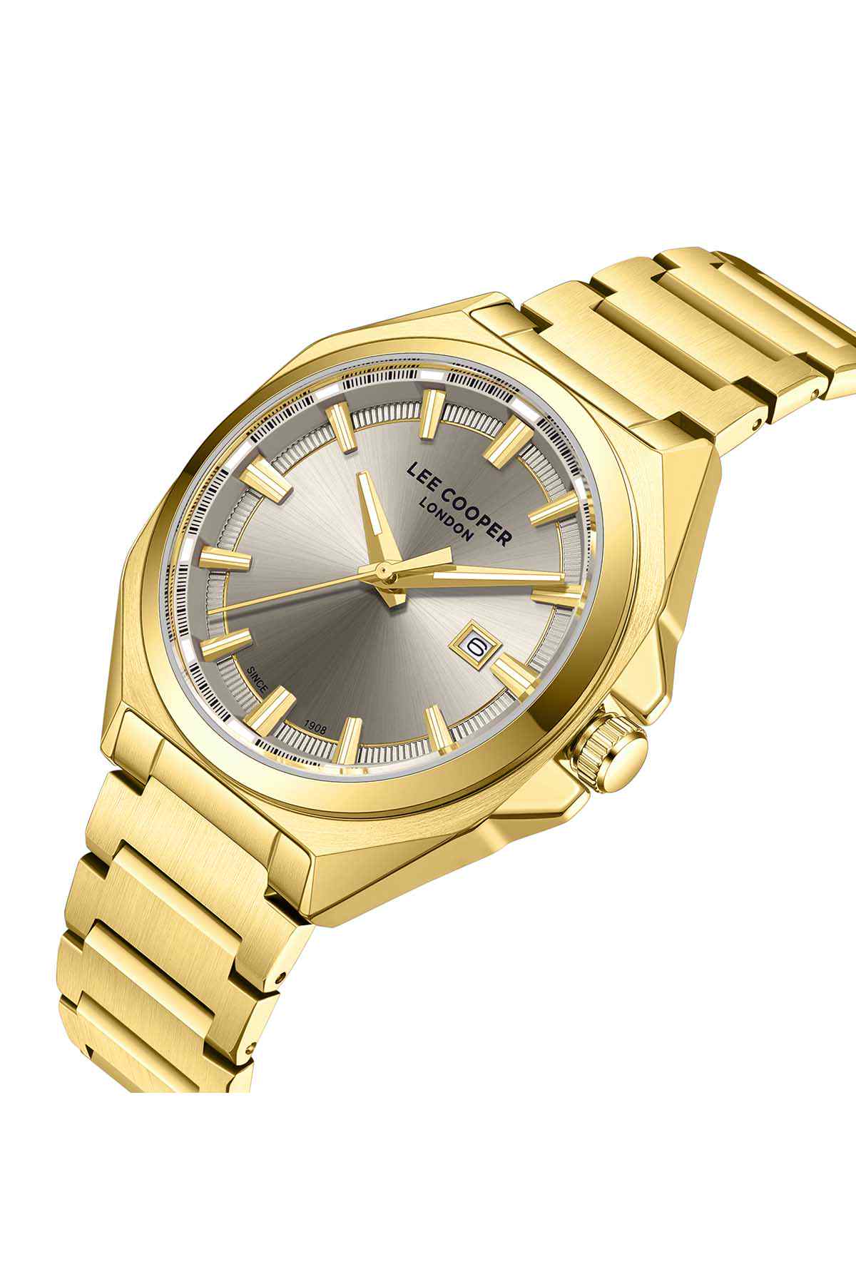 Gold-tone analog wristwatch angled view, metal bracelet and champagne dial