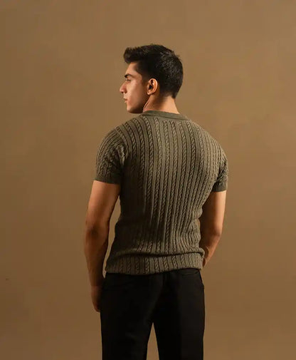 Olive green fitted knit polo shirt, short sleeves, vertical stripe knit at back