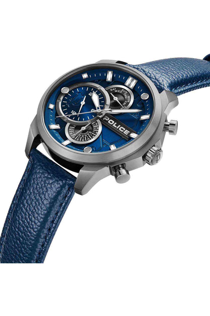 Angled view blue leather strap watch, stainless steel round case with blue multi-dial face