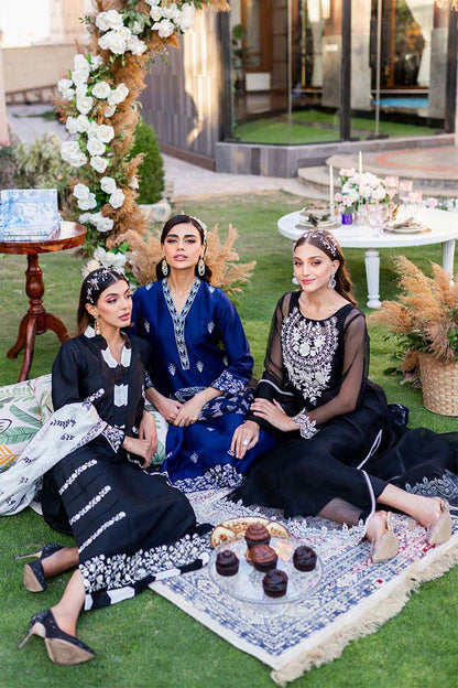 Black embroidered long dress with sheer sleeves and floral chest embroidery, seated on patterned rug