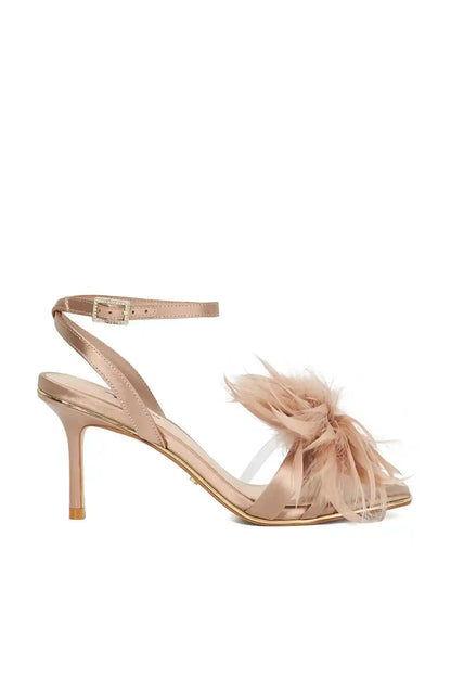 Mink feather-strap heeled sandals, gold-tone heel and open toe