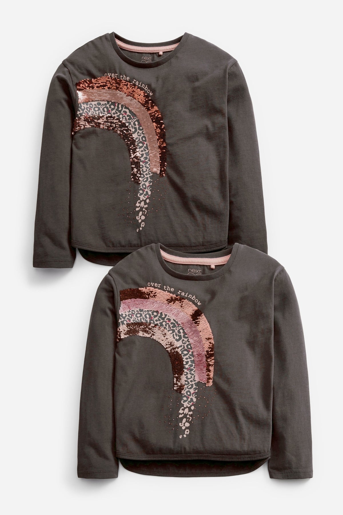 Girls' grey long-sleeve top with rose-gold sequin graphic at chest