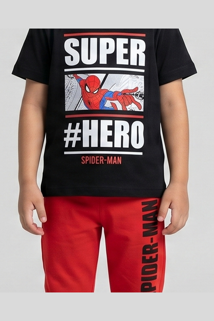 Black graphic T-shirt and red jogger pants set, SUPER #HERO SPIDERMAN front