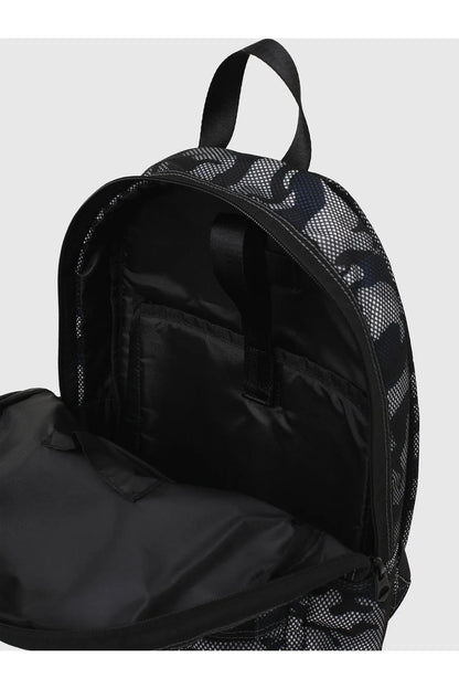 Black camo mesh backpack with open interior and top handle