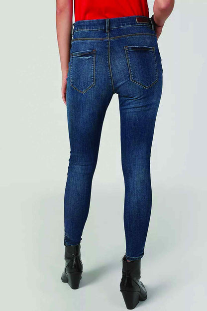 Splash blue denim jeans, back view with two rear pockets, slim taper, stitched seams.