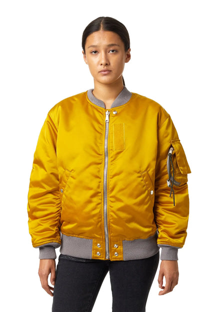 Yellow bomber jacket with front zipper, ribbed cuffs, gray collar