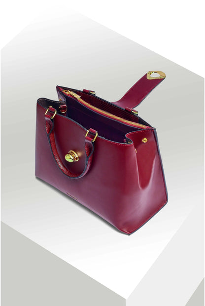 Berry leather-look tote handbag side view with striped inner lining detail