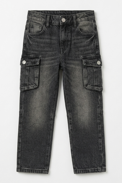 Black washed denim cargo jeans, front view with side flap patch pockets