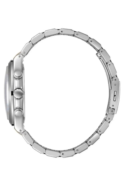 Silver-tone metal watch case and link bracelet, no dial view