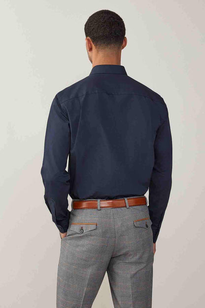 Men's navy button-up dress shirt, back view, pointed collar.