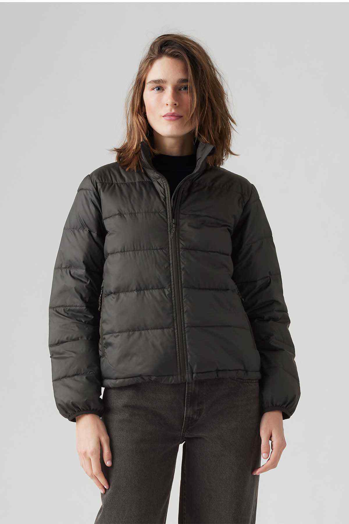 Levi's black puffer jacket with full zipper and stand collar, front view