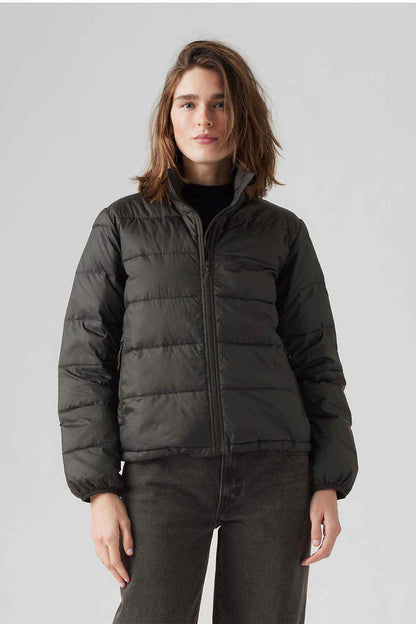 Levi's black puffer jacket with full zipper and stand collar, front view